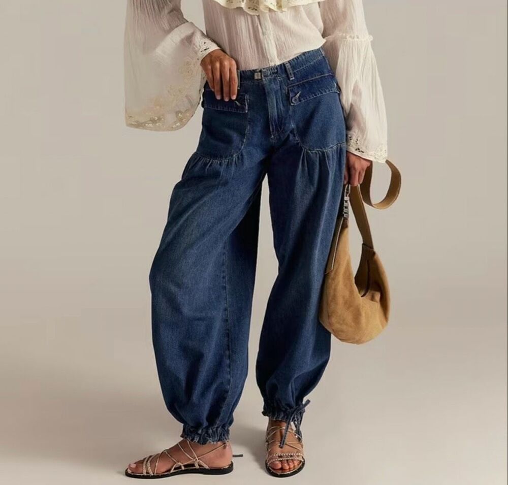 Kuku Wide Leg Baggy Boho Tie ankle Denim Pants M